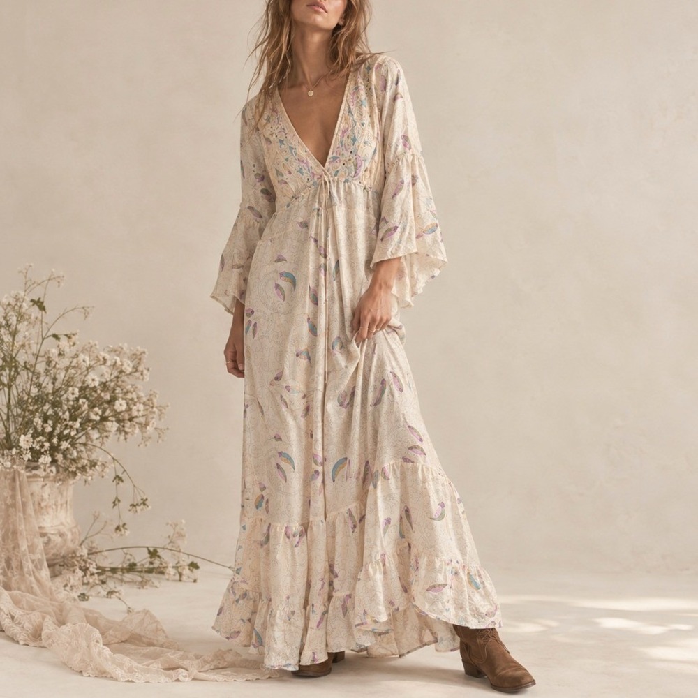 Satin Maxi Dress Boho Feather Print Smocked Cream Romantic Ruffle Ethereal Fairy